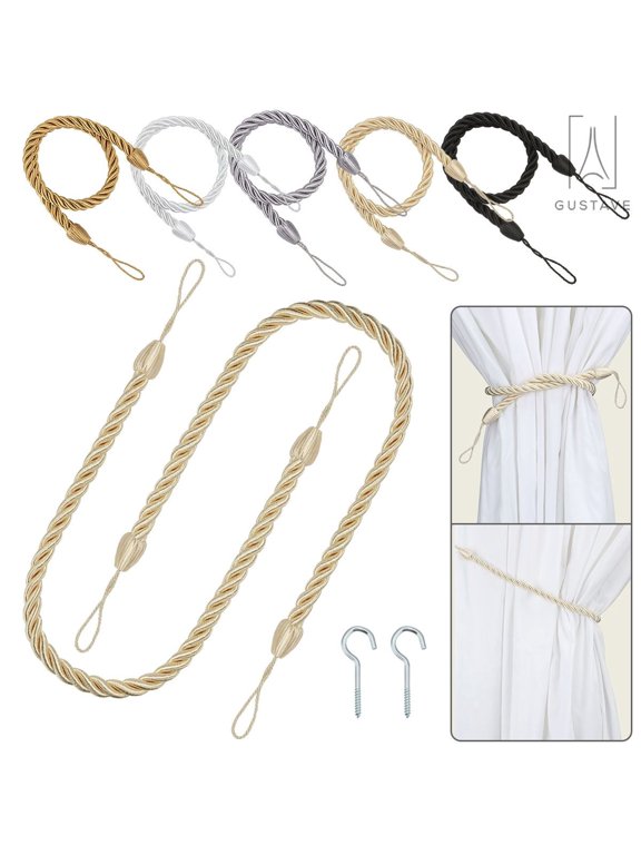 design 2Pcs Curtain Tieback Rope 27" Nylon Cord Curtain Tie Backs Holdbacks with 2 Metal Screw Hooks, White