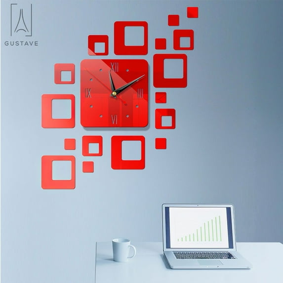 Gustavedesign Large 3D Frameless Wall Clock Mirror Surface Stickers DIY Wall Decoration for Living Room Bedroom Easy to Assemble "Red"
