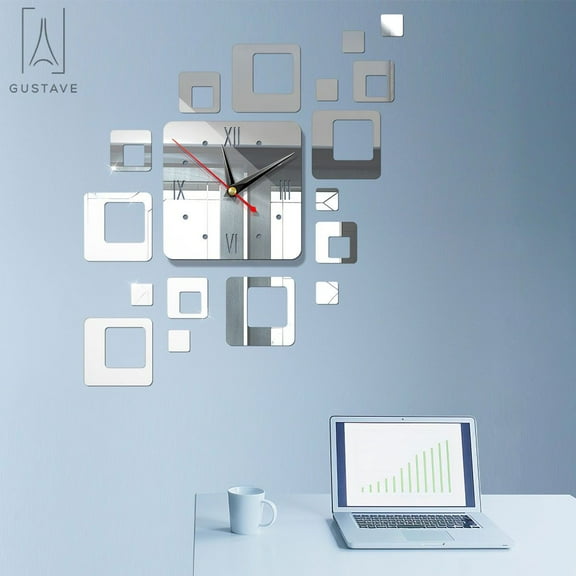 Gustavedesign Large 3D Frameless Wall Clock Mirror Surface Stickers DIY Wall Decoration for Living Room Bedroom Easy to Assemble "Silver"