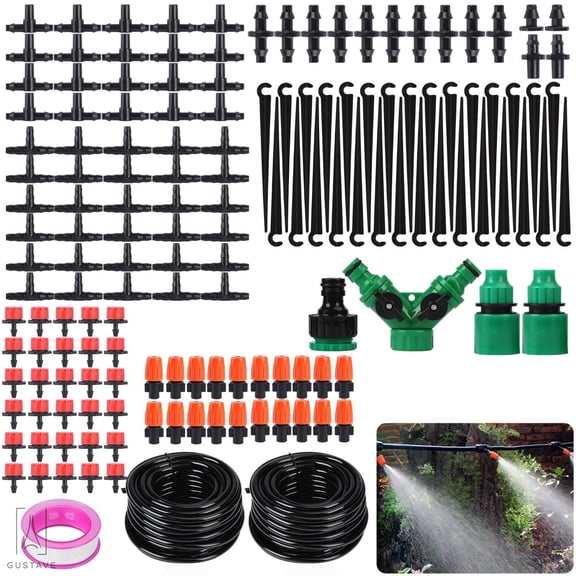 Gustavedesign Multiple Garden Patio Auto Micro Drip Irrigation System Plant Sprinkler Watering Kit, 100ft Automatic Irrigation Equipment Set for Greenhouse, Flower Bed, Lawn