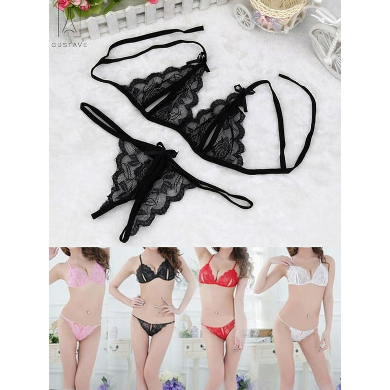 Gustavedesign Sexy Lingerie Women Underwear Babydoll Sleepwear Lace Bra  Panties G-string Set Hollow Out Nightwear Black, Size L/XL 