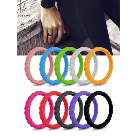 Gustavedesign Silicone Wedding Ring for Women 10 Pack Set Stackable Twist Thin and Braided Rubber Band, Affordable Fashion Elegant,Skin Safe "Size 5"