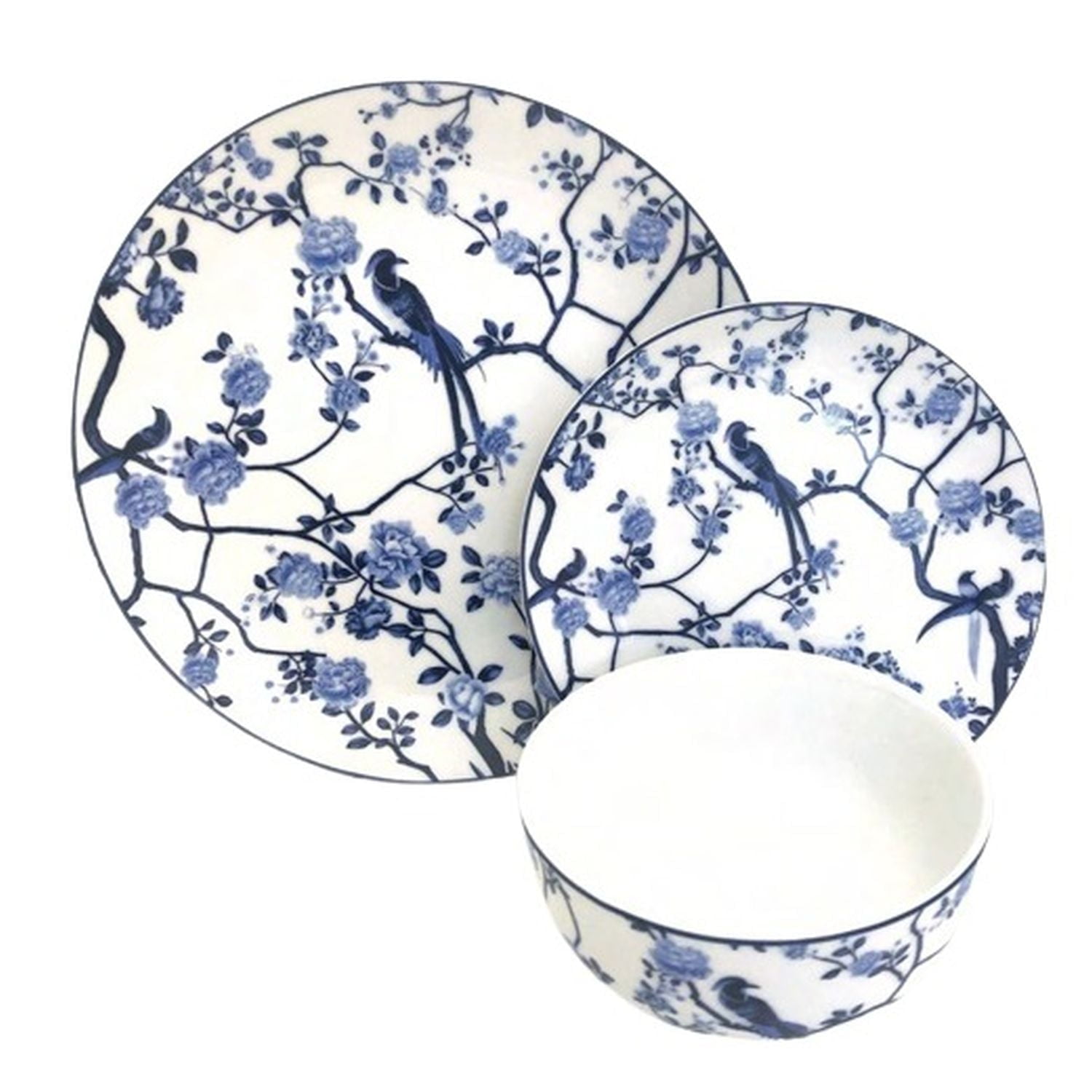 Blue Floral Porcelain 12-Piece Dinnerware Set with Bird Design