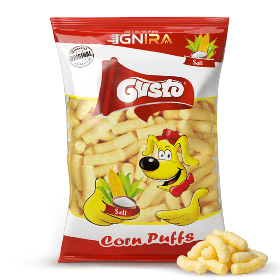 Gusto Salted Corn Puffs from IGNIRA, Crunchy Corn Puffs Snack, Light Corn Snack, Vegan Corn Snack for Kids & Adults, Perfect On-the-Go Snack (2.99oz/bag)