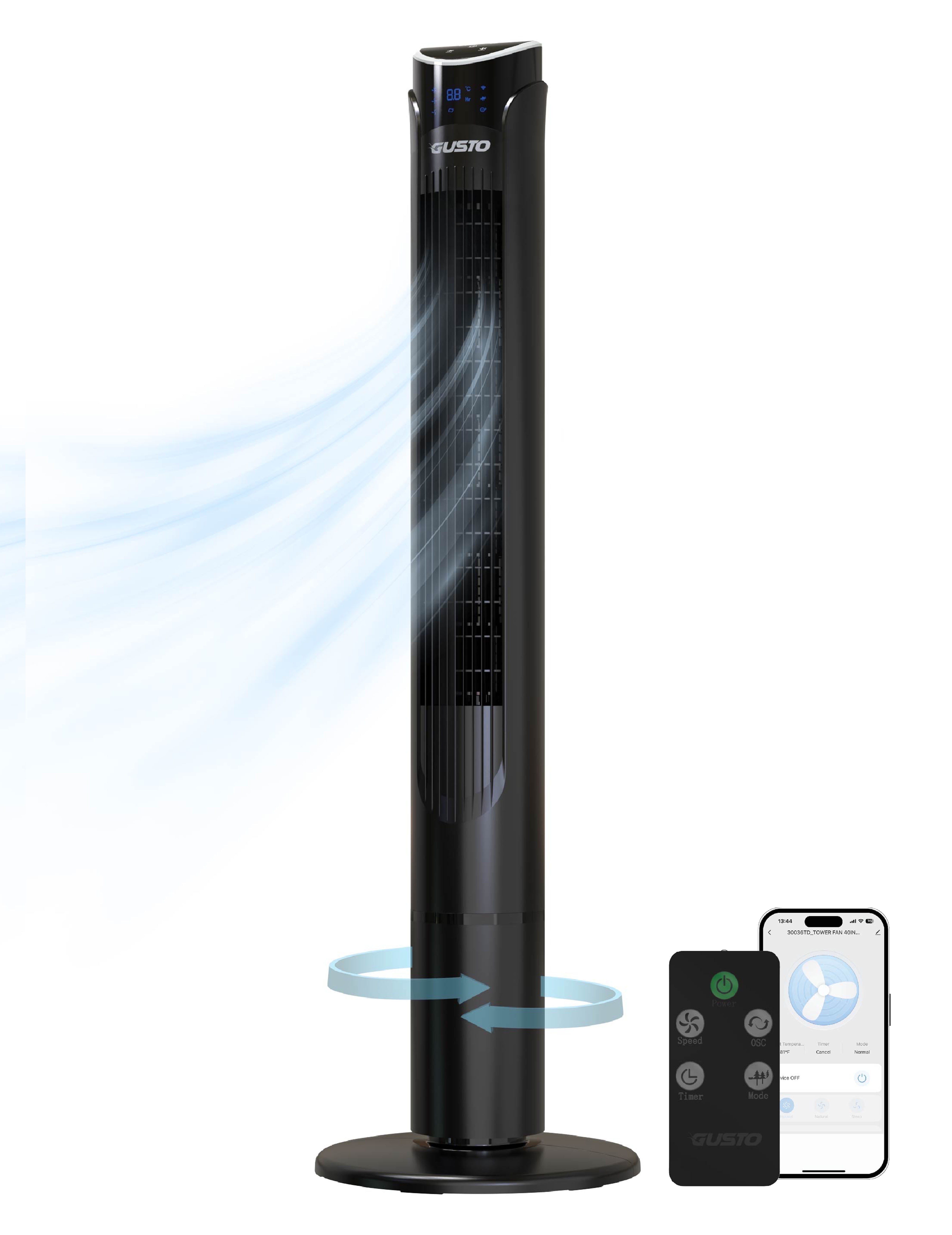 Tzumi Smart Tower Fan, Oscillating Standing Floor Fan with Remote, LED Display, and WiFi Function, 40" Black