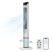 Tzumi 40 Smart Tower Fan, Bladeless Oscillating Standing Floor Fan with Remote, LED Display, and WiFi Function, White