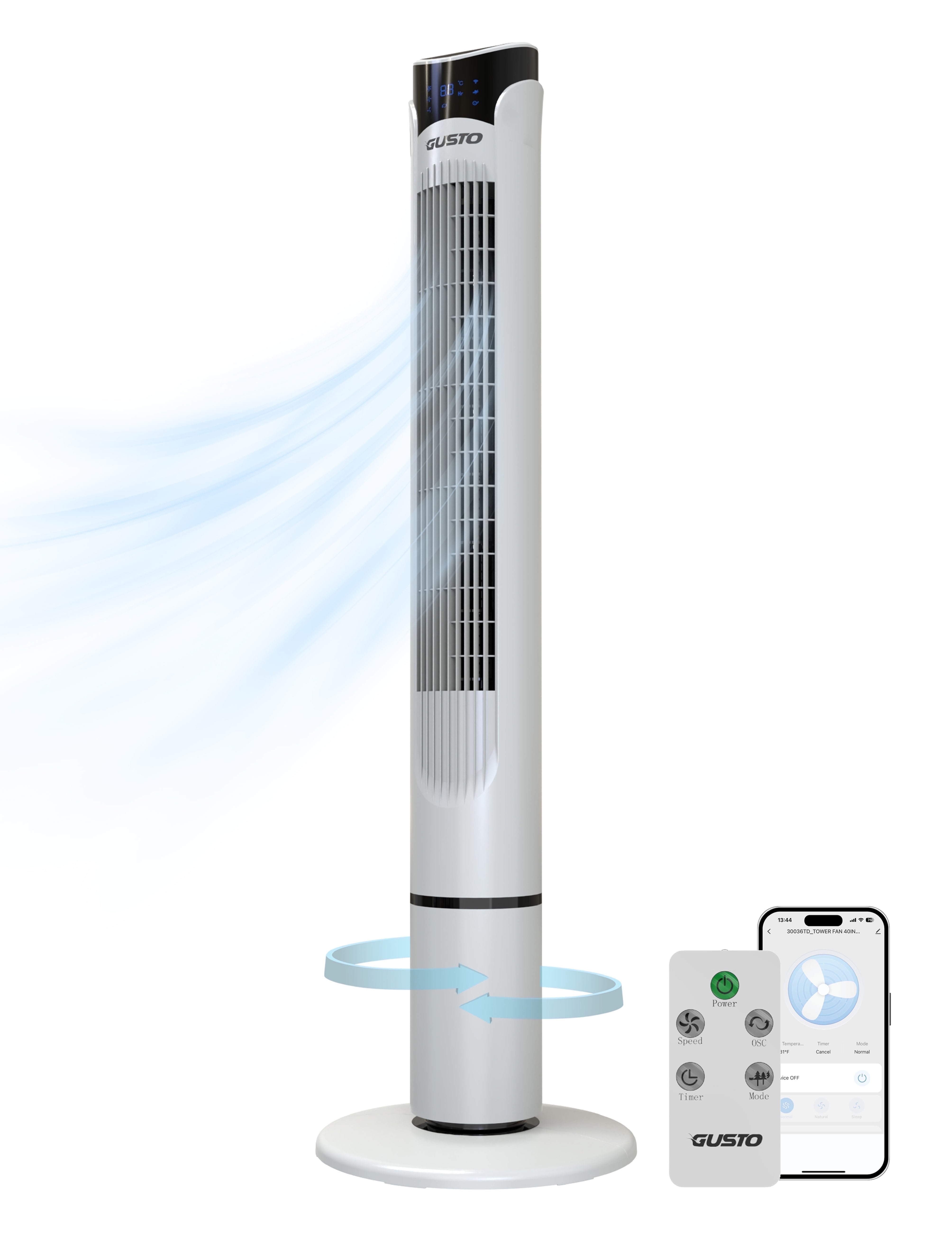 Tzumi Smart Tower Fan, Oscillating Standing Floor Fan with Remote, LED Display, and WiFi Function, 40" White