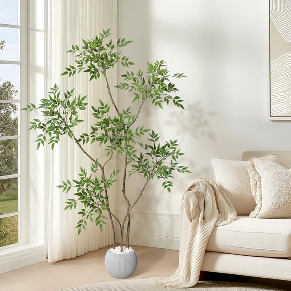 Gustowave Artificial Nandina Tree, Realistic 3D Printed Leaves, Decorative Planter with Black Pebbles, Maintenance‑Free Faux Tropical Plant, 5 ft