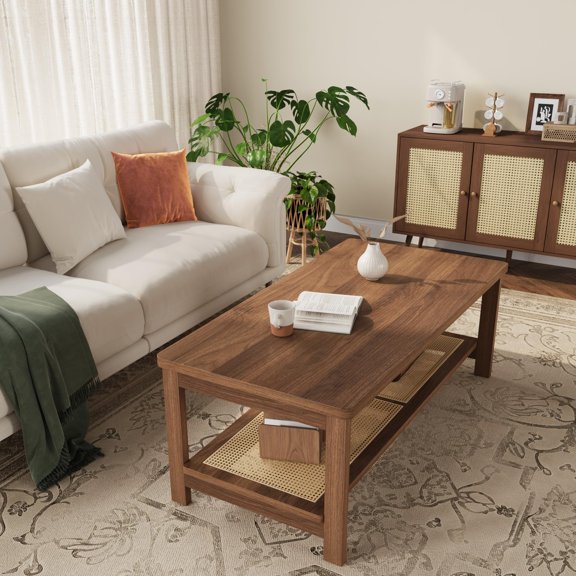 Gustowave Double‑Tier Coffee Table, Rattan‑Textured Open Shelf, Anti‑Slip Pads & Rounded Corners, Minimalist Living Room Furniture, Walnut