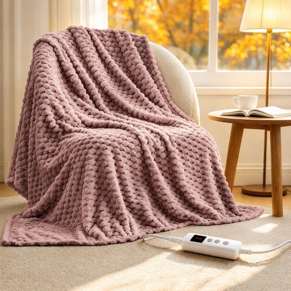 Gustowave, Pink 3D Jacquard Flannel & Sherpa Heated Blanket, 88-122℉ with 6 Heat Settings & 10 Timer Options, Machine Washable, Throw 50×60 in