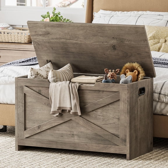 Gustowave Wooden Storage Bench, 30 Inch 300LBS Capacity Safety Hinges Multipurpose Storage Chest for Entryway Bedroom Living Room, Washed ash