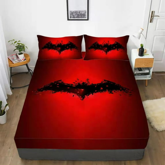 Gusuhome Boys Bats Fitted Sheet Set Superhero 3D Printing Bedding Set Queen for Teens 2 Piece (1 Deep Pocket and 1Pillowcases) Microfiber Bed Sheet Set for Kids and Man Red Black