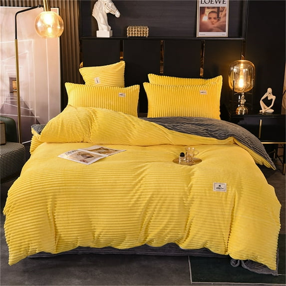Gusuhome Fluffy Corduroy Flannel Duvet Cover Set Queen Size Velvet Duvet Cover 3 PC Fashion Striped Comforter Cover Set Luxury Soft Plush and Warm for Winter Bedding Set Zipper Closure Yellow Gray