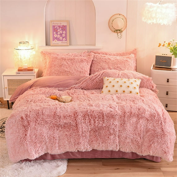 Gusuhome Luxury Faux Fur Duvet Cover Set Queen Size Shaggy Plush Bedding Set Ultra Soft Fluffy Fuzzy Microfiber Comforter Cover Set 3Pcs (1Duvet Cover + 2Pillow Shams ) Tie Dye Pink White