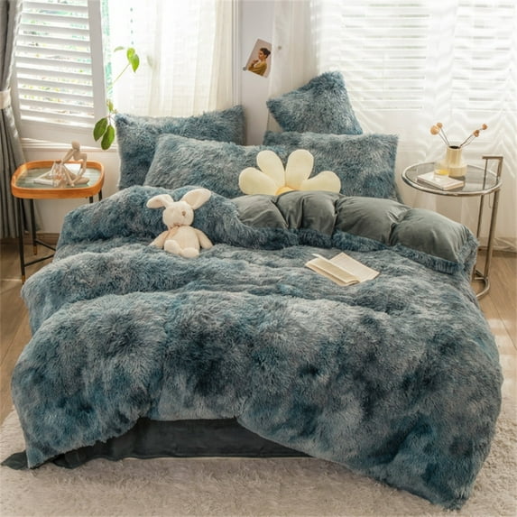Gusuhome Shaggy Plush Duvet Cover Set Full Size Ultra Soft Fluffy Comforter Cover Set Luxurious Fuzzy Tie Dye Bedding Set 3Pcs (1Duvet Cover + 2Pillowcases) with Zipper Closure Blue Ombre