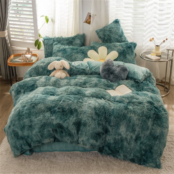 Gusuhome Shaggy Plush Duvet Cover Set King Size Ultra Soft Fluffy Comforter Cover Set Luxurious Fuzzy Tie Dye Bedding Set 3Pcs (1Duvet Cover + 2Pillowcases) with Zipper Closure Green Ombre
