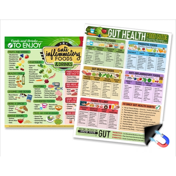 Gut Health Food Guide & Anti Inflammatory Foods Magnet Set of 2, 8.5x11 Fridge Nutrition Charts, Probiotic and Prebiotic Reference, Foods to Enjoy and Avoid, Kitchen Wellness Guide