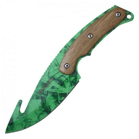 Gut Hook Hunting Knife | Wartech 9.5" Green Blade Wood Handle Skinner + Sheath