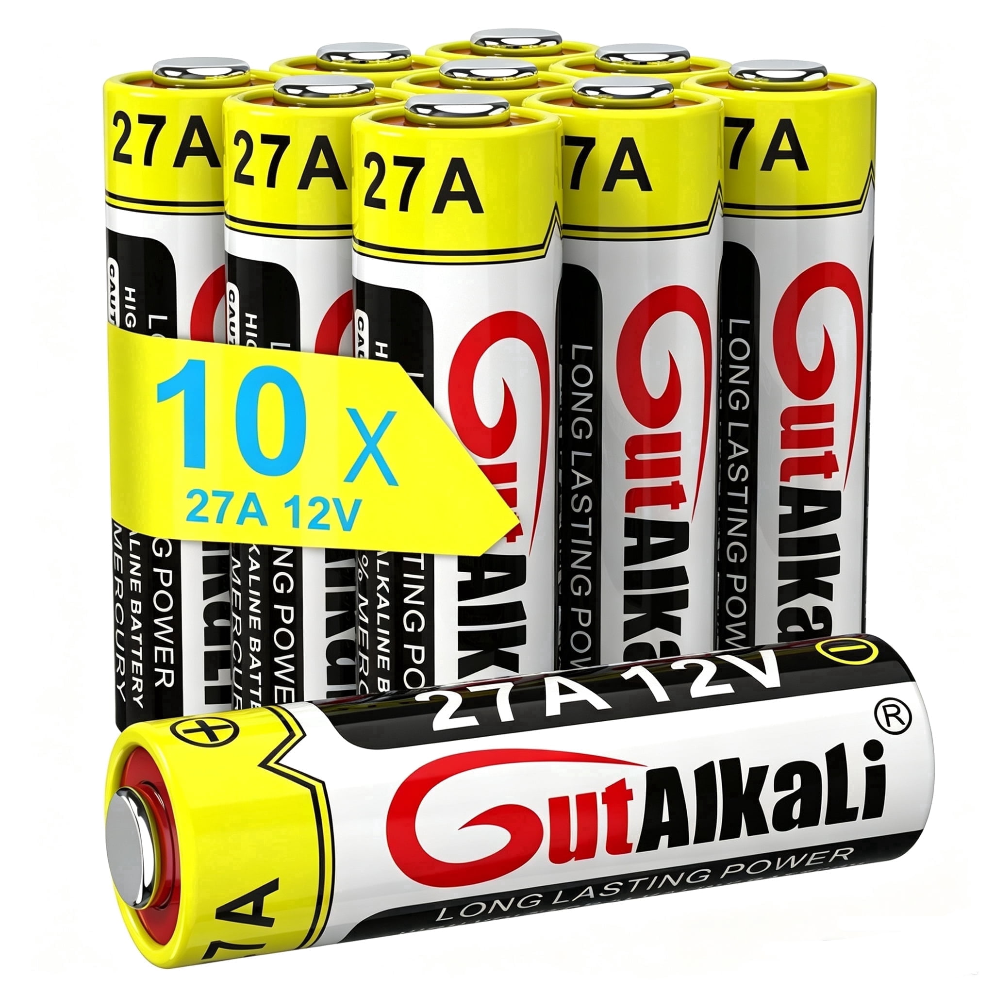 GutAlkaLi Alkaline 27A MN27 12V Mercury-Free Battery, 10-Pack Multi-Save (27A V27A L27A WE27A L828) designed for remote controls, doorbells, and security systems