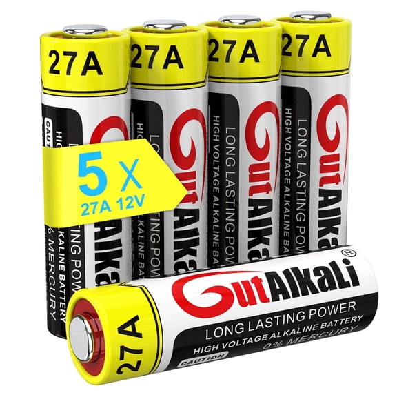 GutAlkaLi Alkaline 27A MN27 12V Mercury-Free Battery, 5-Pack Multi-Save (27A V27A L27A WE27A L828) designed for remote controls, doorbells, and security systems