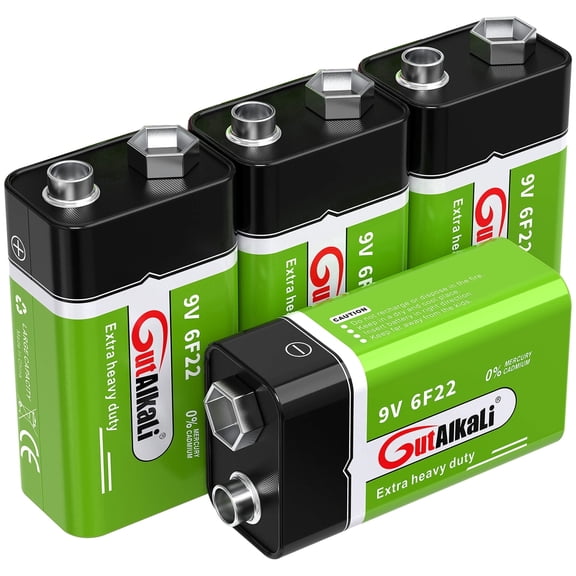 GutAlkaLi Batteries 9V Block Battery, 4 pieces, Longlife Power for Smoke Detectors, Fire Alarms, Microphone 6LR61 6F22 PP3 MN1604