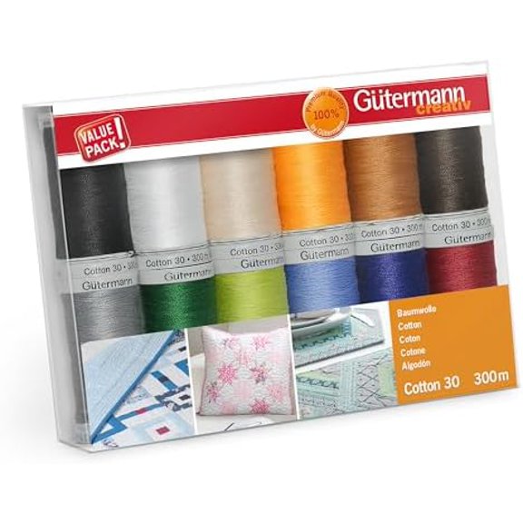 Gutermann 'Assorted' No.30 Natural Cotton Thread Set - 12 x 300m (GUT_734023-1)$$Art & Craft