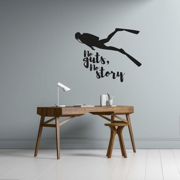 No Guts No Story Quote Scuba Diver Silhouette Drawing Underwater Dive Vinyl Design Wall Sticker Wall Art Decal Boys Girls Kids Room Bedroom Scuba Diver Home Decor Stickers Decoration Size (8x10 inch)