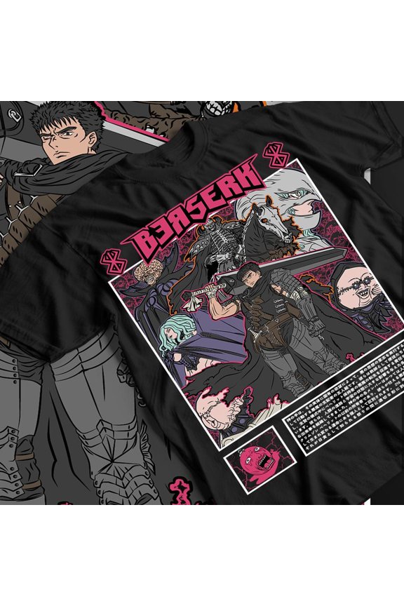 Guts "The Branded Struggler" Streetwear Tee - Dragon Slayer Eclipse Graphic, God Hand Causal-Noir Print, 100% Cotton Unisex Anime T-Shirt