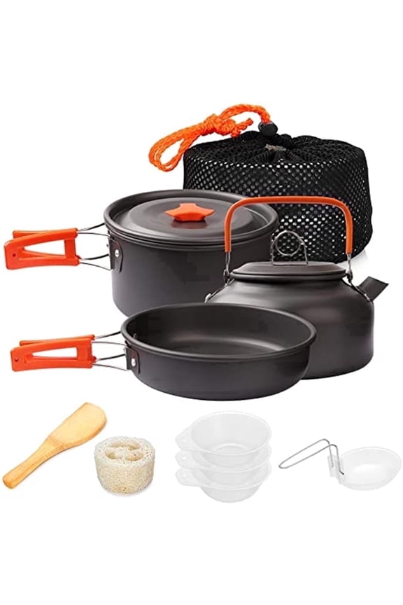 Camping Cookware Set Camping Gear Camp Mess Kit Campfire Utensils Non-Stick Cooking Equipment Lightweight Stackable Pot Pan Bowls with Storage Bag for Outdoor Hiking