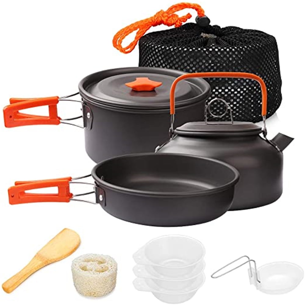 Bisgear Camping Cookware Portable Backpacking Stove Canister Stand Tripod  Stainless Steel Cup Flatware Mess Kit - Camping Pot and Pans Cooking Set 