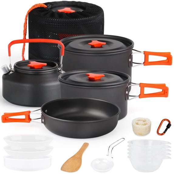Gutsdoor Camping Cookware Set Camping Pots Camping Gear Campfire Utensils Non-Stick Cooking Equipment Lightweight Stackable Pot Pan Bowls with Storage Bag for Outdoor Hiking