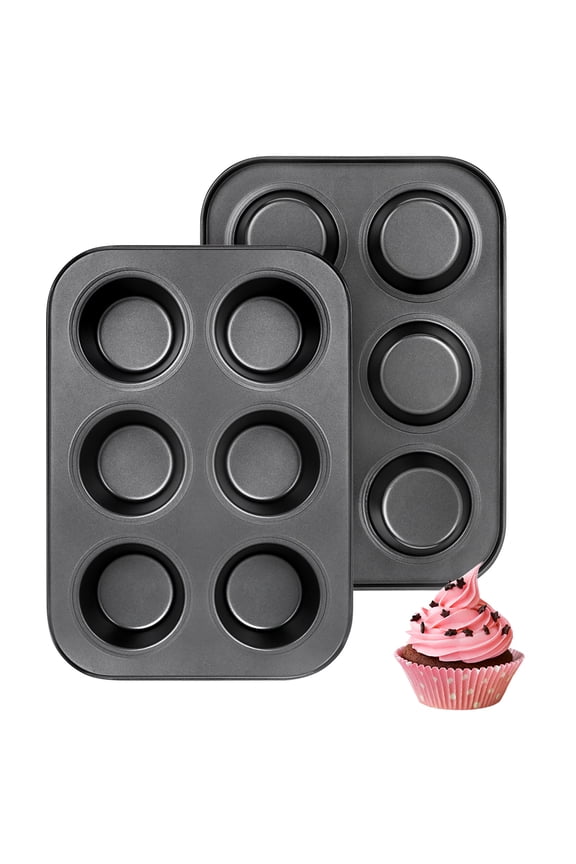 Nonstick Muffin Pan 6 Cup Set of 2, Cupcake Baking Pan Carbon Steel Coating Muffin Tray Baking Dish 6-Well Muffin Tins, Black