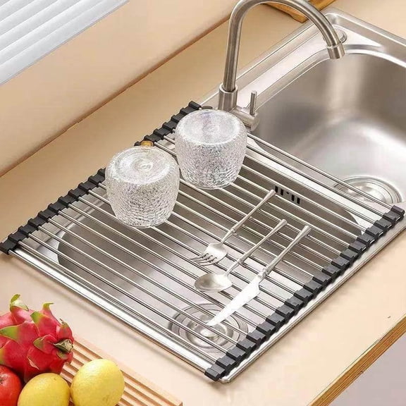 Gutsdoor Silicone Roll-up Dish Drying Rack for Kitchen Sink Multipurpose over Sink Mat for Dishes Fruits Vegetables Foldable Drainer