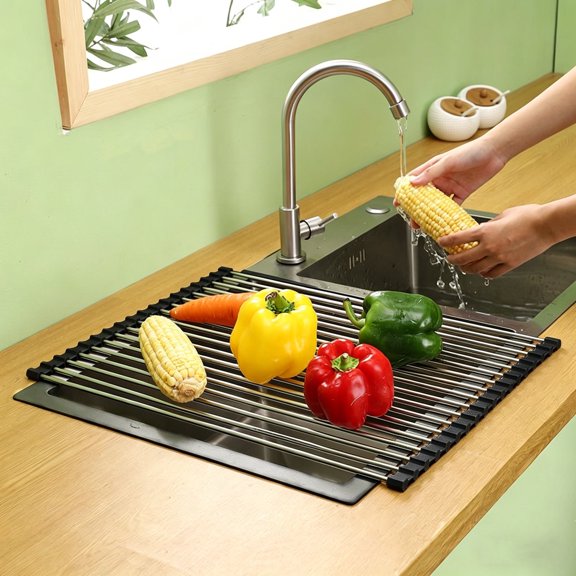 Gutsdoor Silicone Roll-Up Dish Drying Rack for Kitchen Sink, Multipurpose Over Sink Drainer Mat for Dishes Fruits Vegetables, Space Saving Foldable Dish Drainer