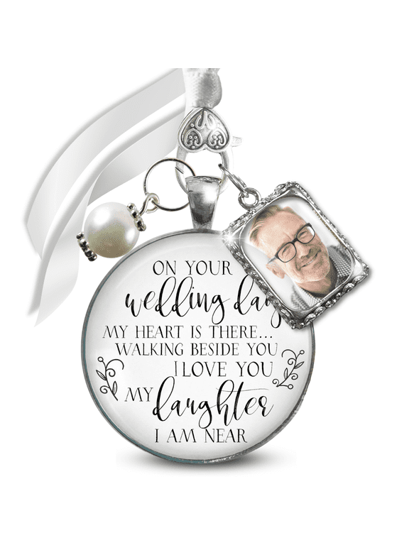 Wedding Bouquet Memorial Charm for Bride On Your Wedding Day My Daughter Mom Memorial Silver White Pendant Photo Frame