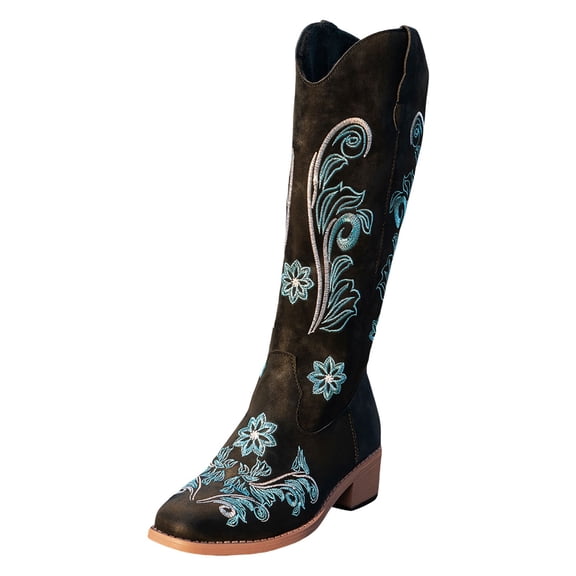Guttear Cowboy Boots for Women Mid Calf Cowgirl Boots Embroidered Pull-On Tabs Snip Toe Boot