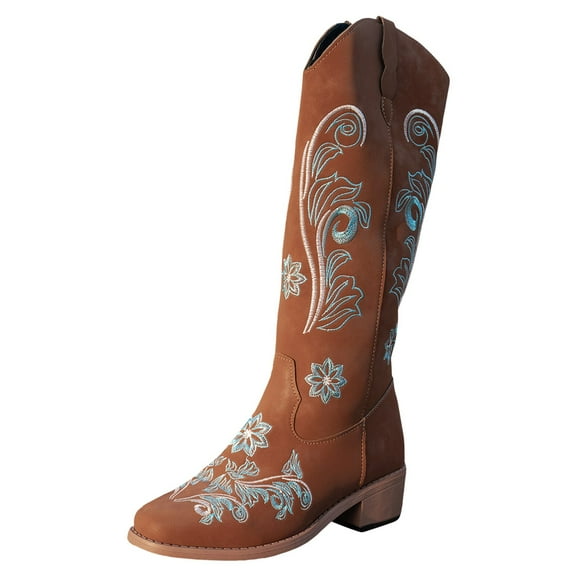 Guttear Cowboy Boots for Women Mid Calf Cowgirl Boots Embroidered Pull-On Tabs Snip Toe Boot