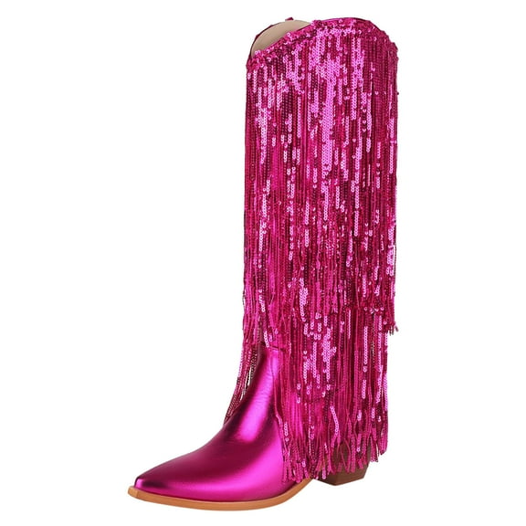 Guttear Fringe Boots for Women Metallic Cowboy Boots Pointed Toe Heel Mid Calf Sparkly Cowgirl Boots