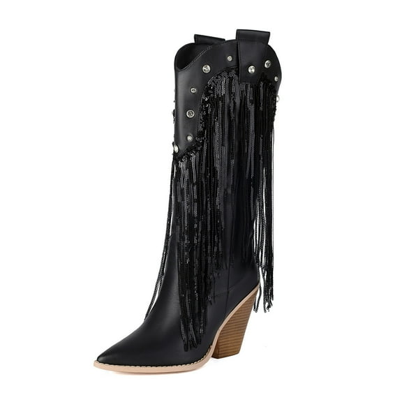 Guttear Fringe Cowboy Boots for Women â Mid Calf Cowgirl Boots with Star Studded, Pointed Toe and Heel, for Country Music Festivals