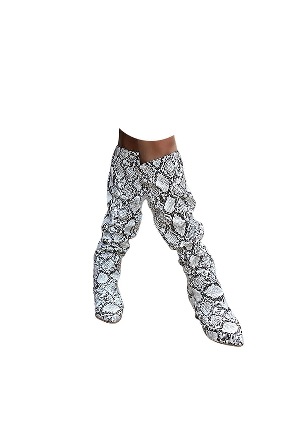 Snakeskin Boots Knee High Boots Women Sexy Stunning and Stylish Exquisite Pointed Toe Fine High Heels Pleated