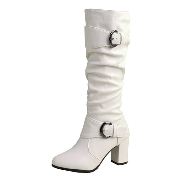 YLYL Women Knee High Slouch Round Toe Buckle Victorian Tall Boots Block Heel Knee-High Boots