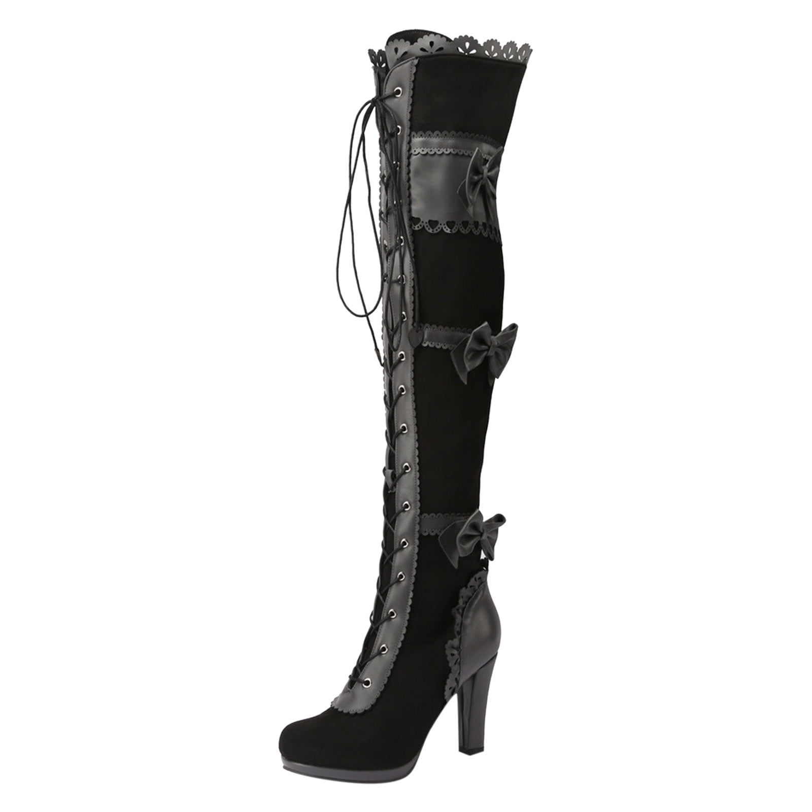 YLYL Women Lace Goth Knee High Boots Buckle Block Heel Lace up Knee ...
