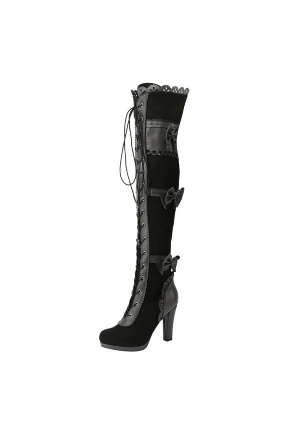 Women Lace Goth Knee High Boots Buckle Block Heel Lace up Knee Length Boots Punk Platform Tall Boots