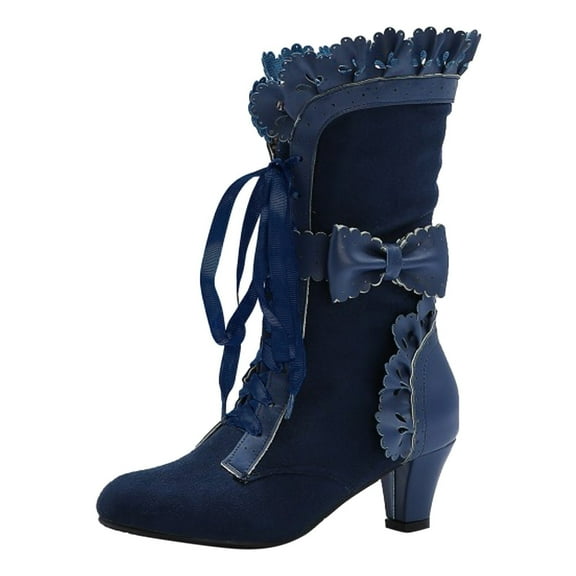 YLYL Women Lolita Kitten Heels Mid Calf Boots Mid Heel Sweet Bow Lace up Kawaii Dress Boots