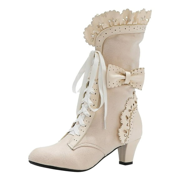 Guttear Women Sweet Bow Boots Mid Heels Lace Up Victorian boots Mid Calf Kawaii Boot
