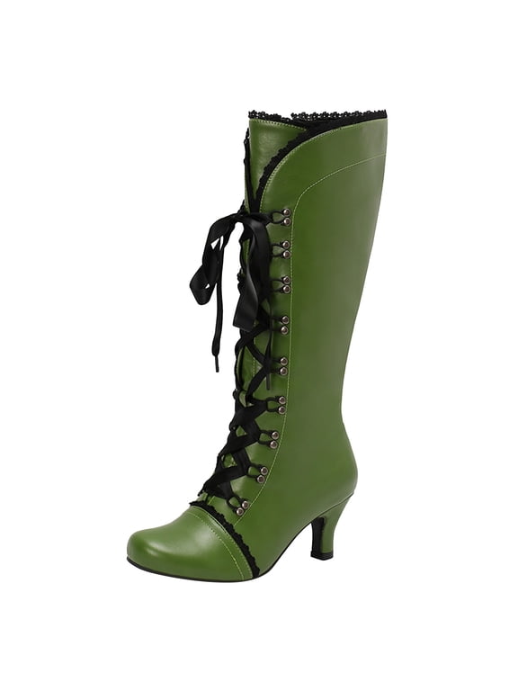 Women Vintage Victorian Boots 70s Lace up Ankle Boots Mid Heel Witch Granny Booties Shoes Cone Heel Zipper Almond Toe