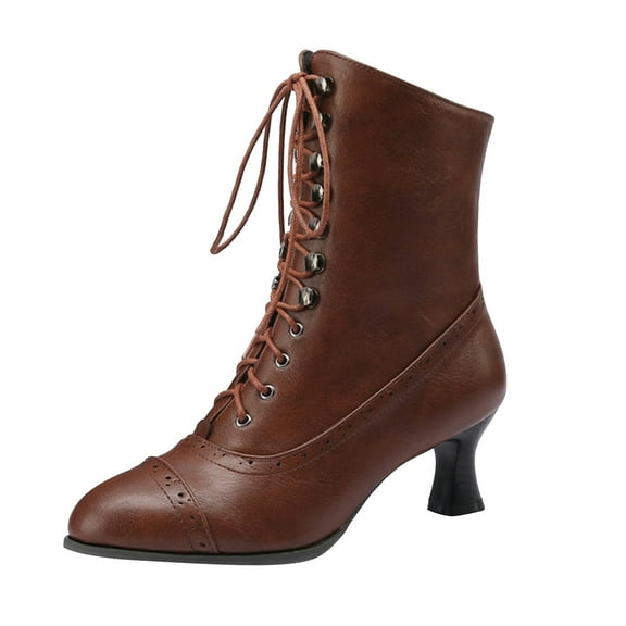 Guttear Women Vintage Victorian Lace Up Boots Kitten Heel Ankle Boots Pointed Toe Mid Heel Booties with Zipper Wedding Bridal Costume