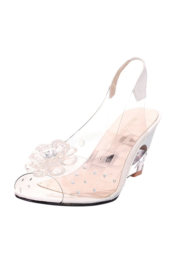 Women's Fashion Clear Crystal Wedge Sandals Peep Toe Glitter Flower Platform High Heel Dress Sandal