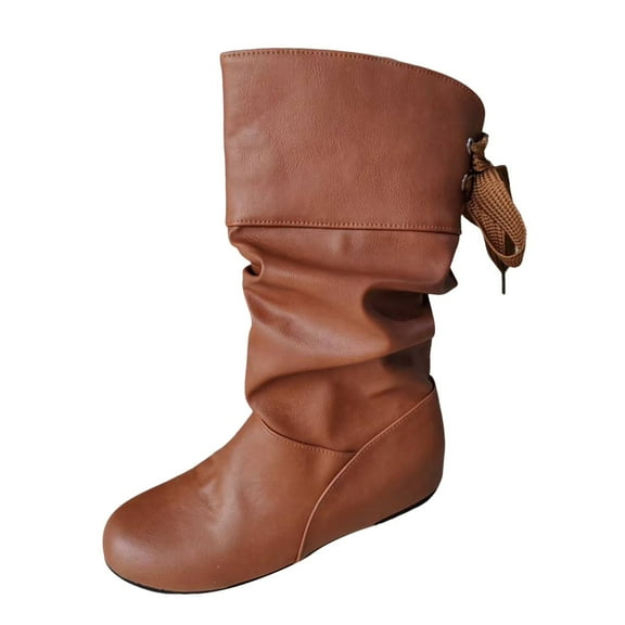 Guttear Women's Fashion Leather Wedge Flat Booties Comfortable Round Toe Back Lace up Mid Boots Outdoor Casual Ankle Fashion Boots