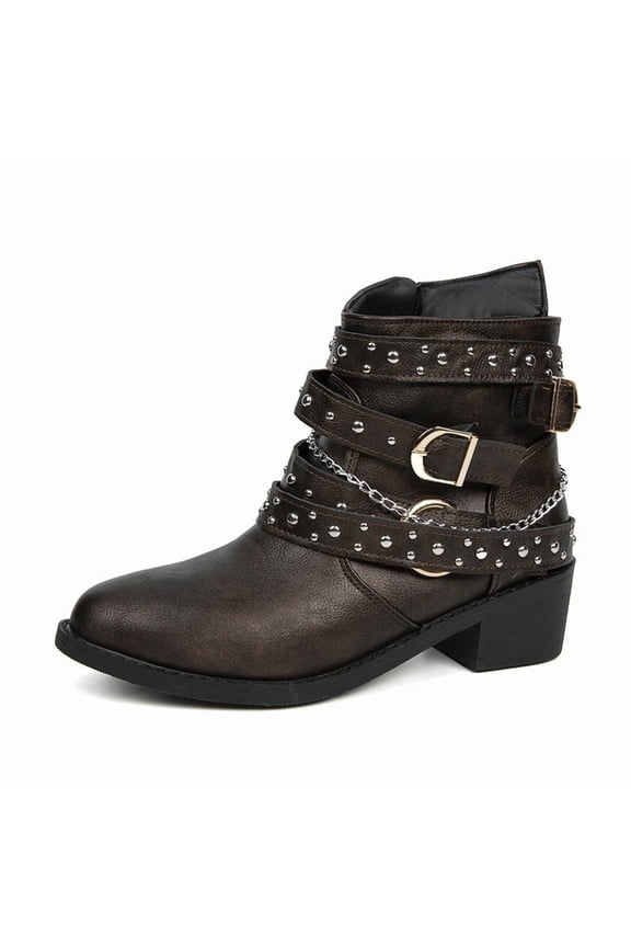 Women's Goth Leather Block Heel Ankle Boots Fashion Studded Ankle Strap Trim Punk Boots Winter Side Zipper Motorcycle Short Booties